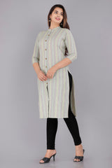 Green Cotton Striped Print Straight Kurta-1009