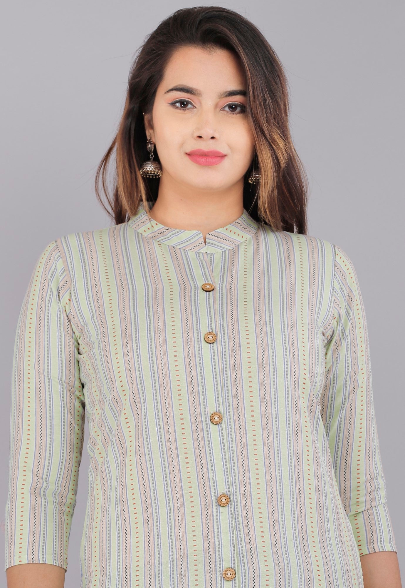 Green Cotton Striped Print Straight Kurta-1009