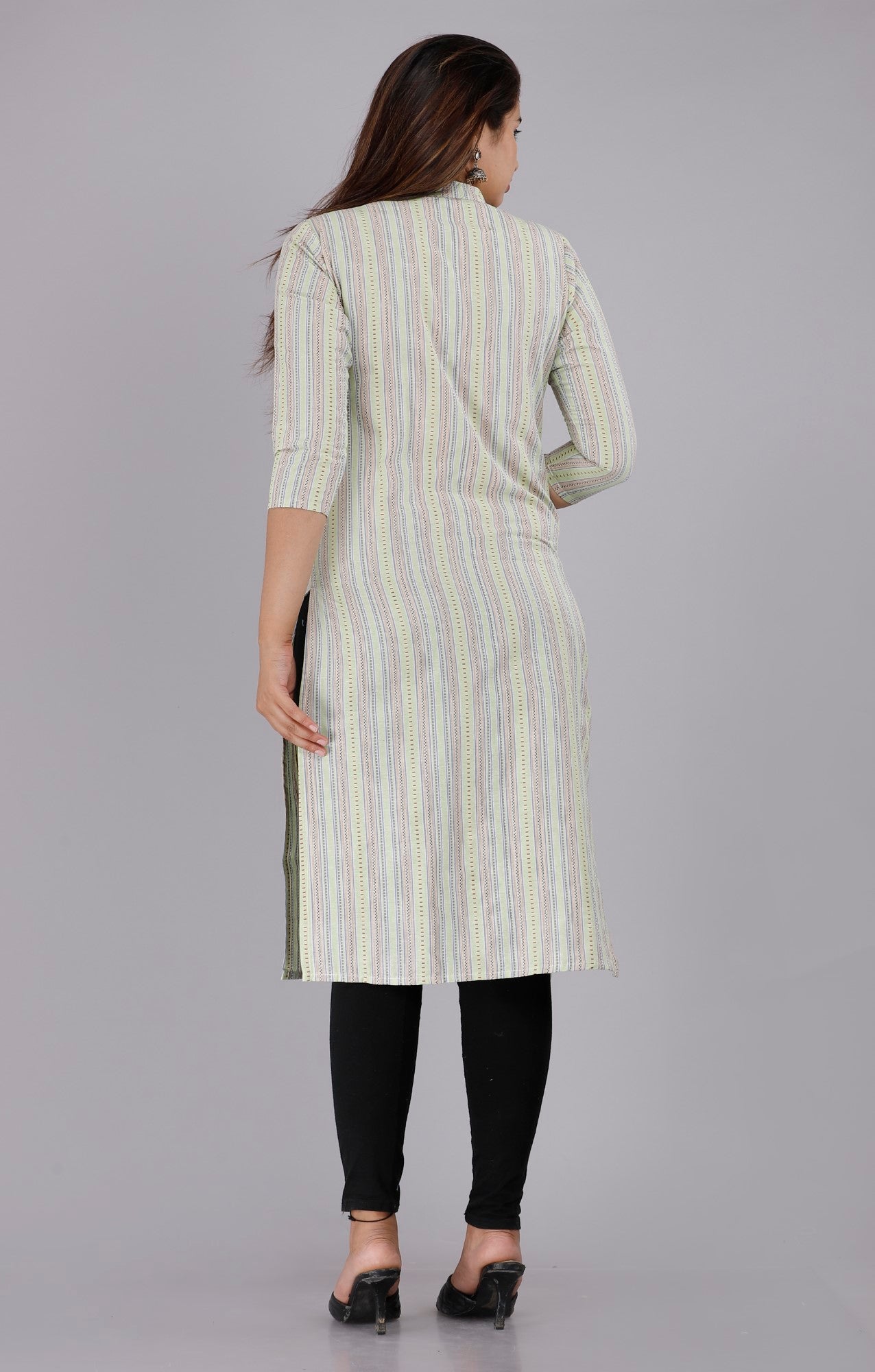 Green Cotton Striped Print Straight Kurta-1009