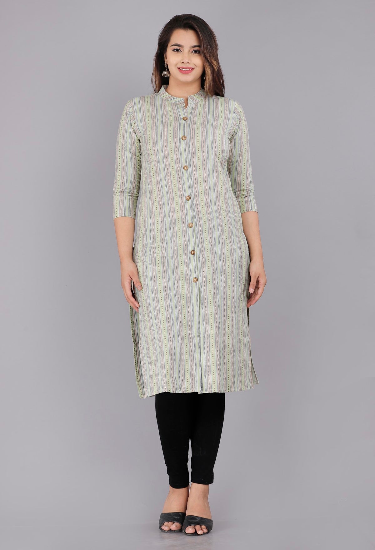 Green Cotton Striped Print Straight Kurta-1009