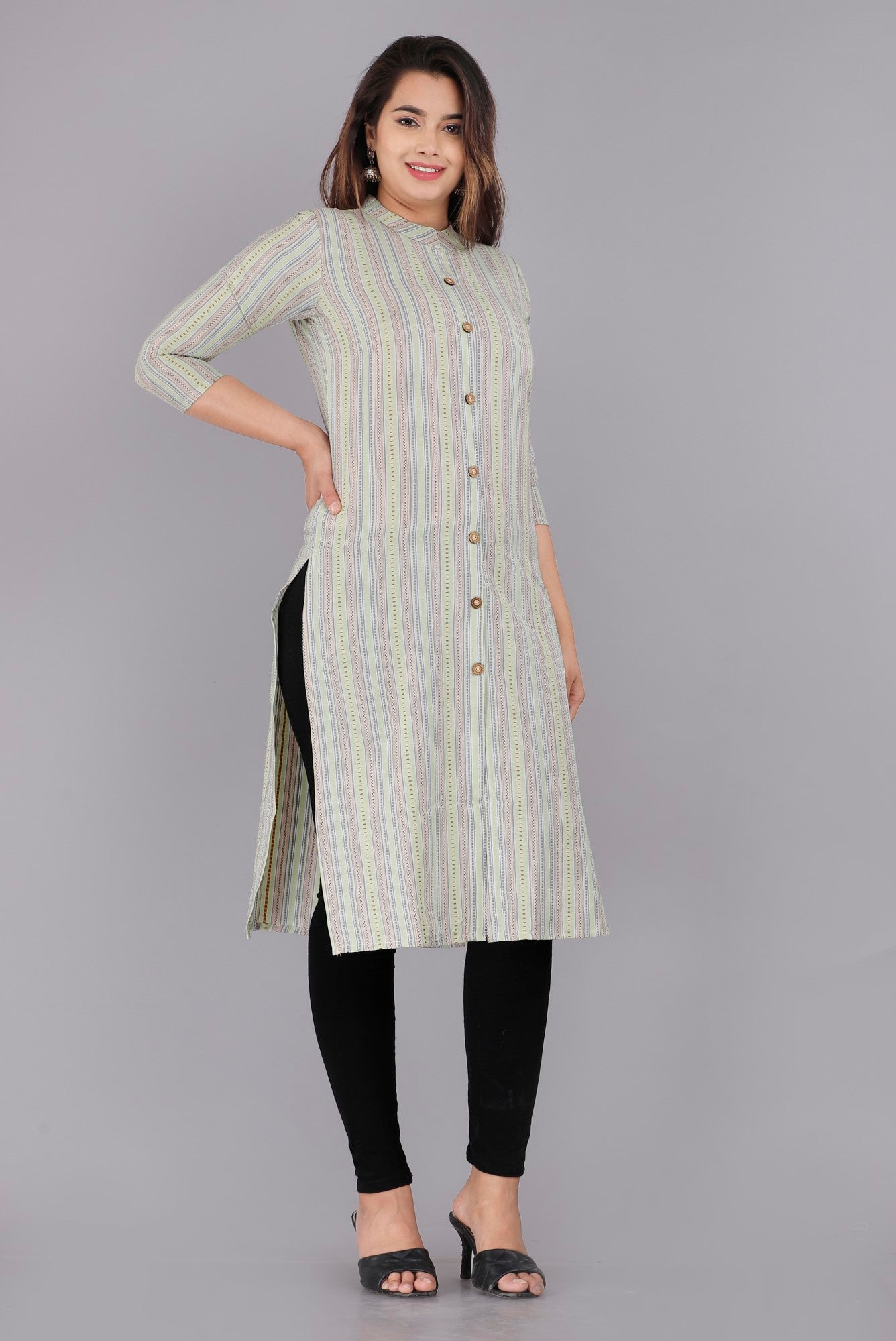 Green Cotton Striped Print Straight Kurta-1009