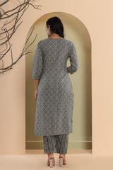 Grey Cotton Printed Embroidered Kurta Pant Set with Dupatta-1111