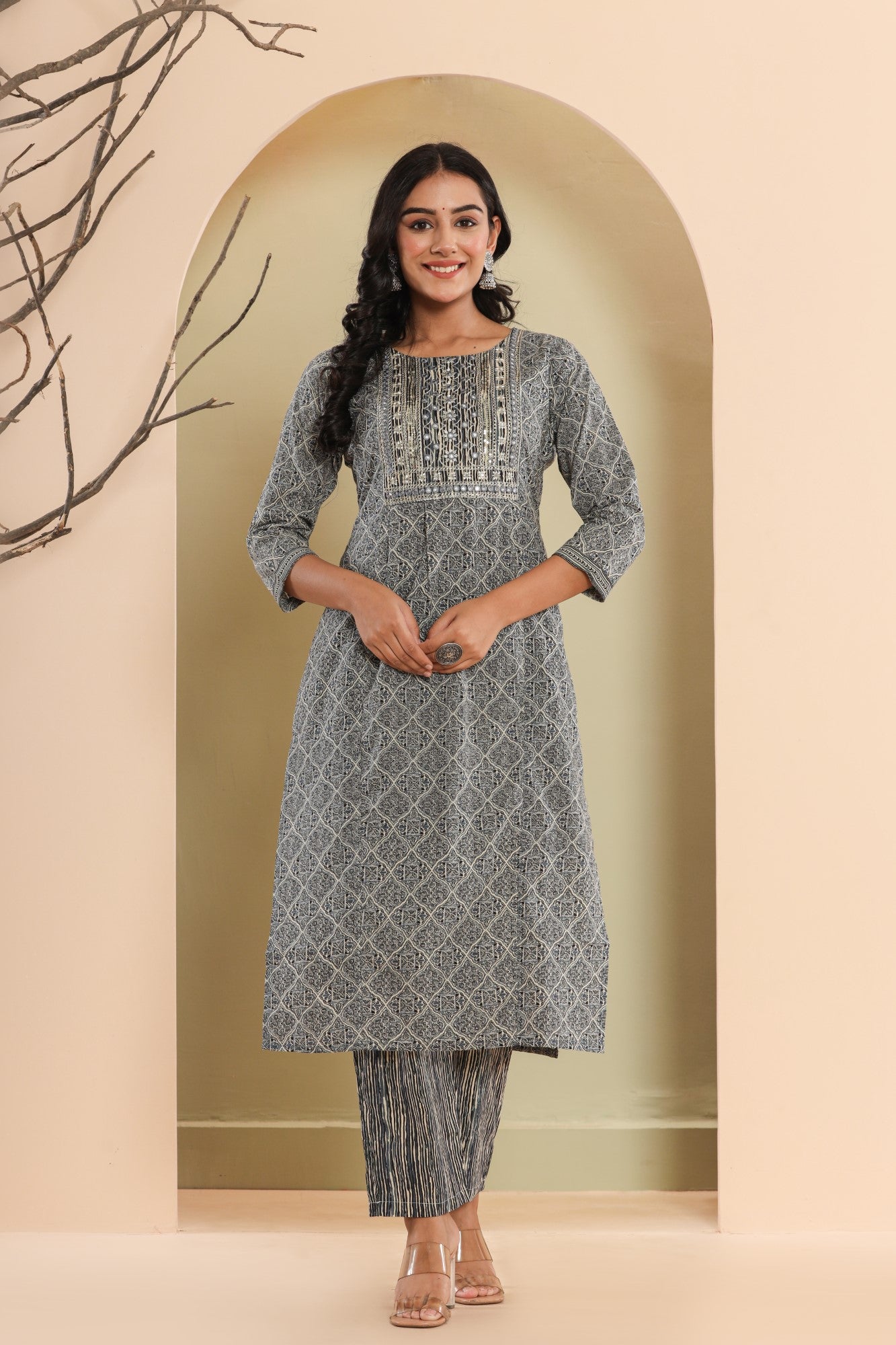 Grey Cotton Printed Embroidered Kurta Pant Set with Dupatta-1111