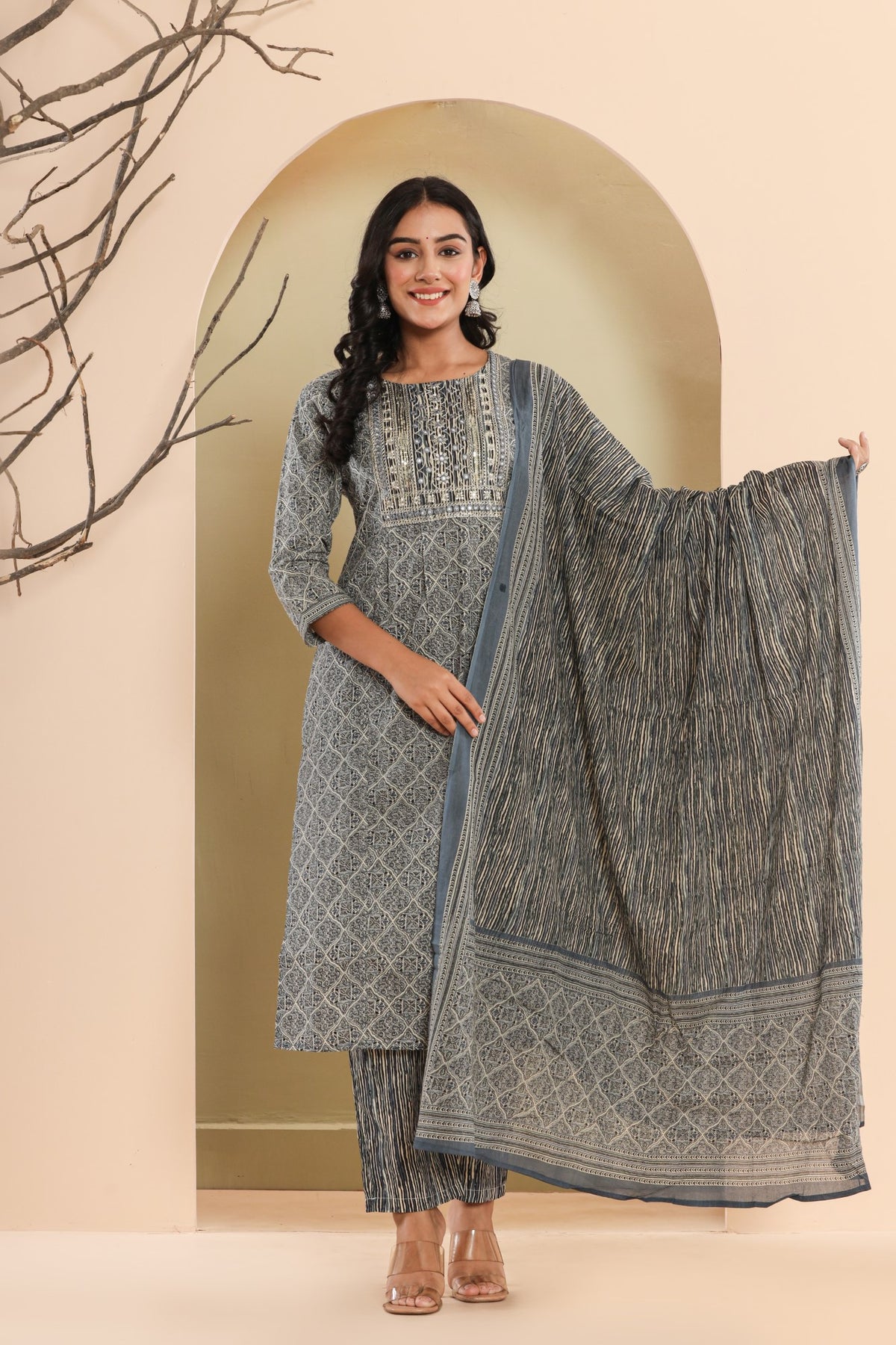 Grey Cotton Printed Embroidered Kurta Pant Set with Dupatta-1111