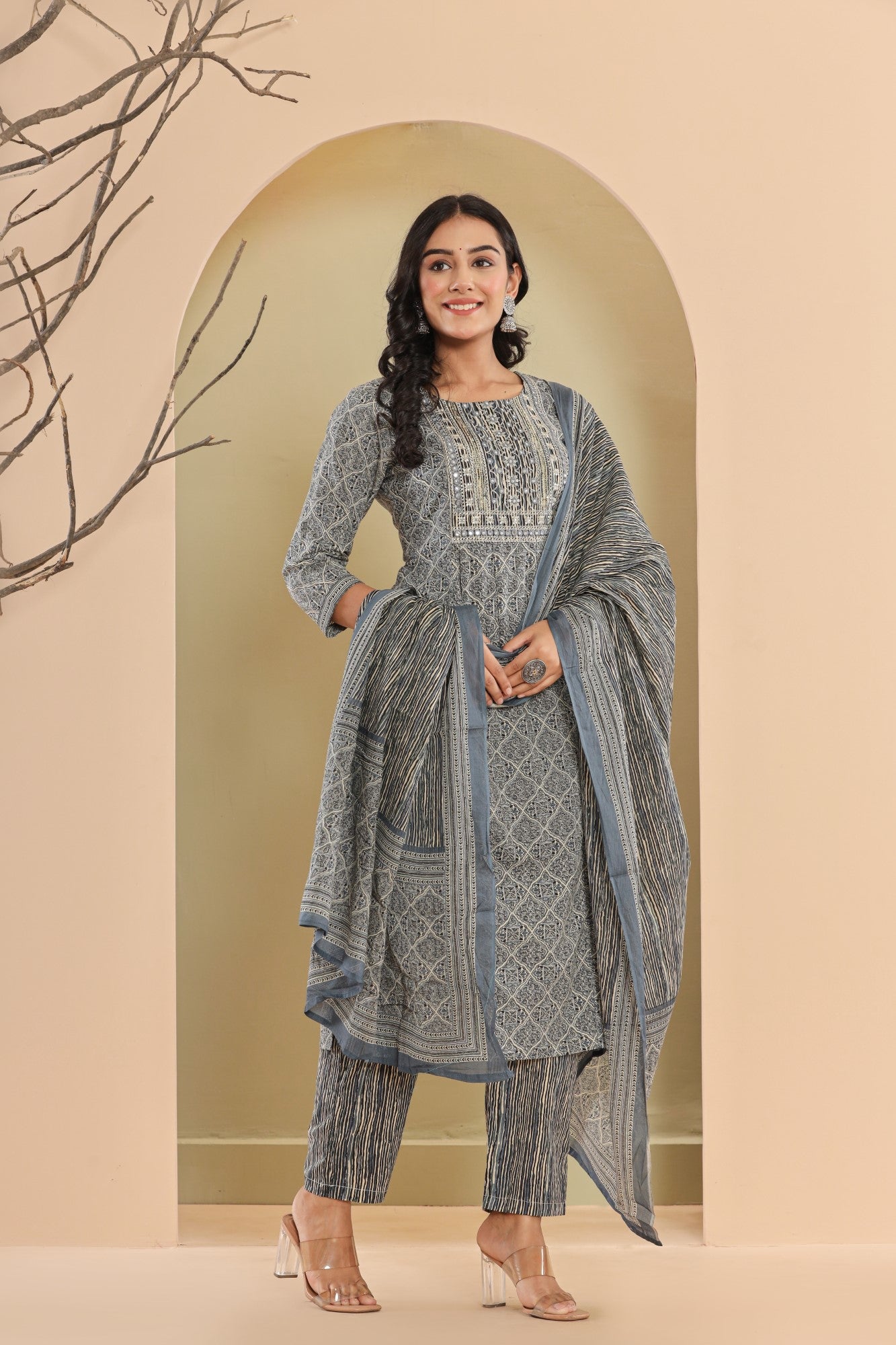 Grey Cotton Printed Embroidered Kurta Pant Set with Dupatta-1111