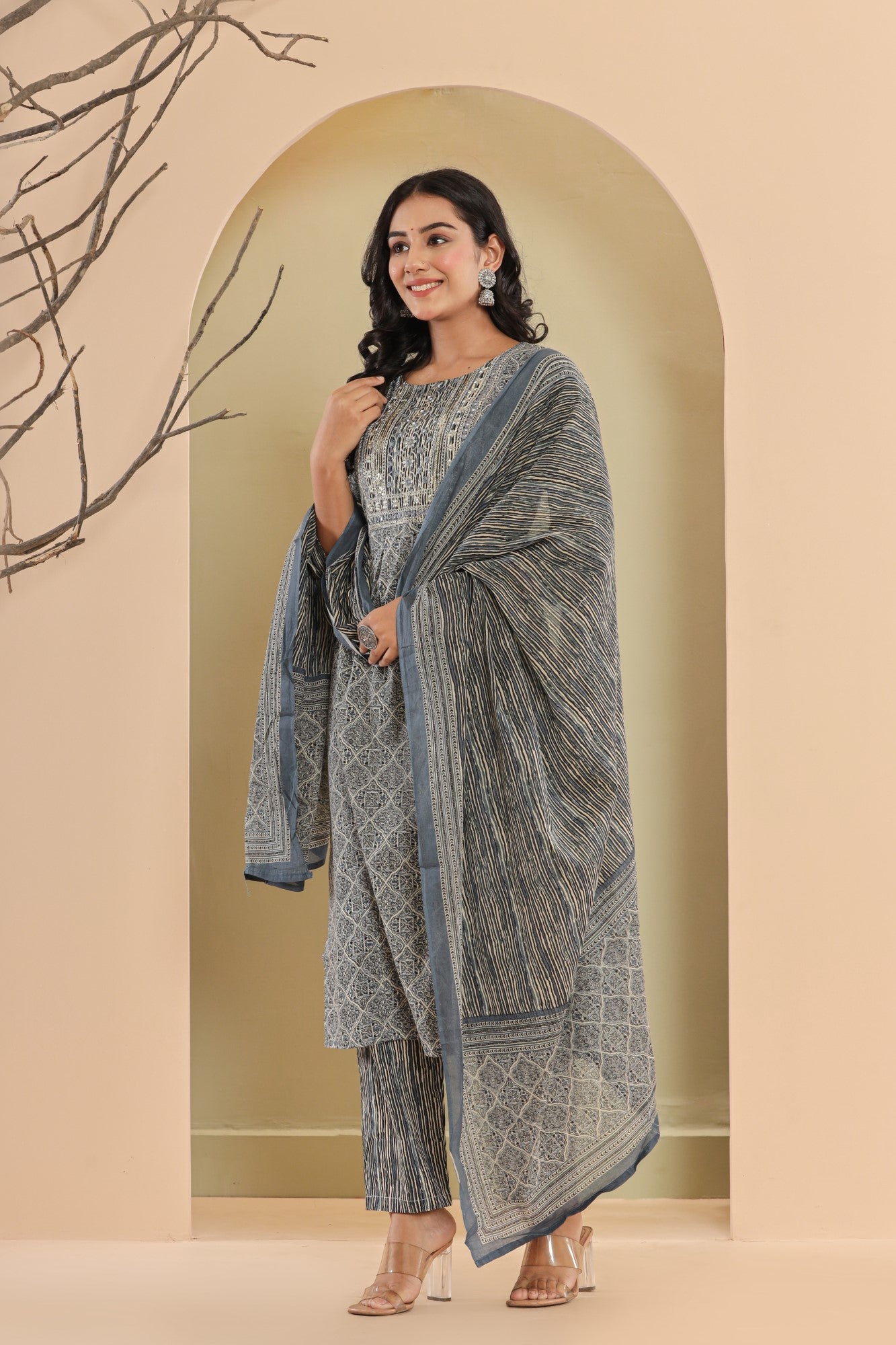 Grey Cotton Printed Embroidered Kurta Pant Set with Dupatta-1111