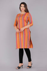 Orange Cotton Striped Print Straight Kurta-1010