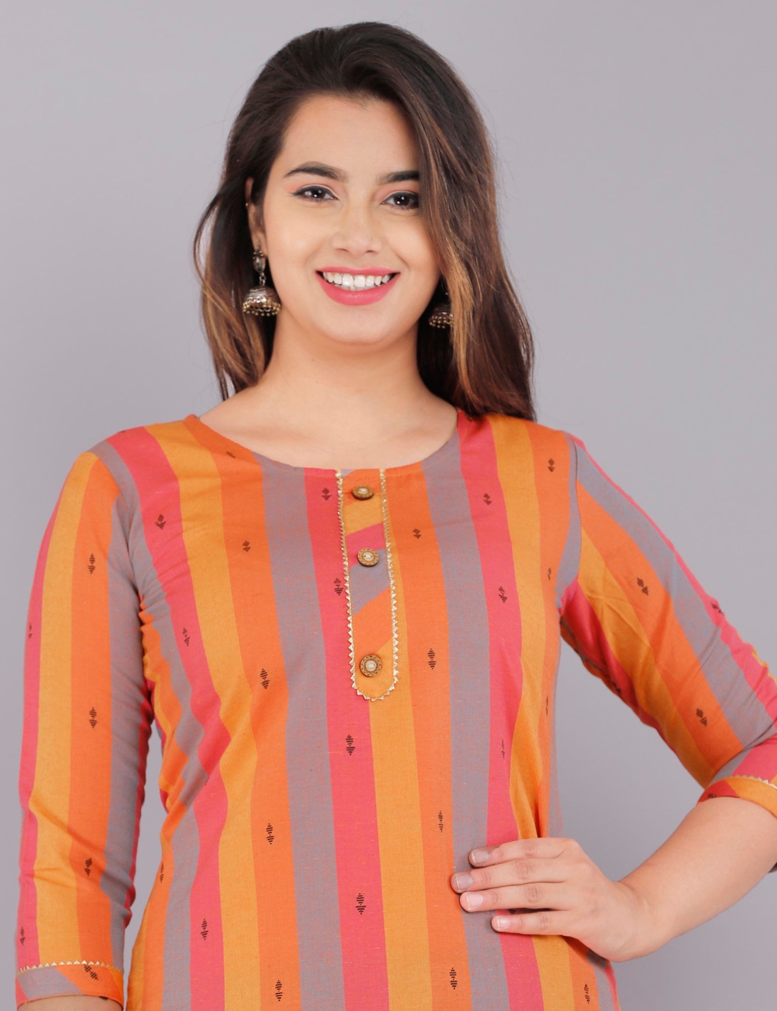 Orange Cotton Striped Print Straight Kurta-1010