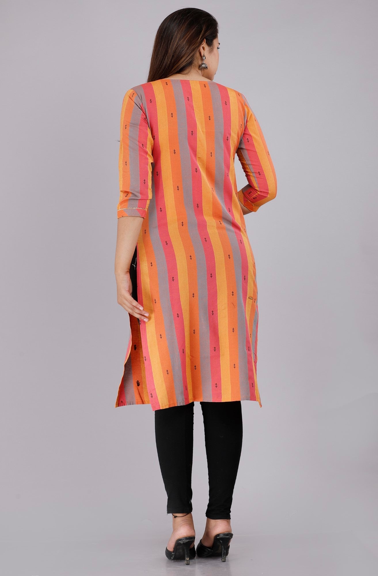 Orange Cotton Striped Print Straight Kurta-1010