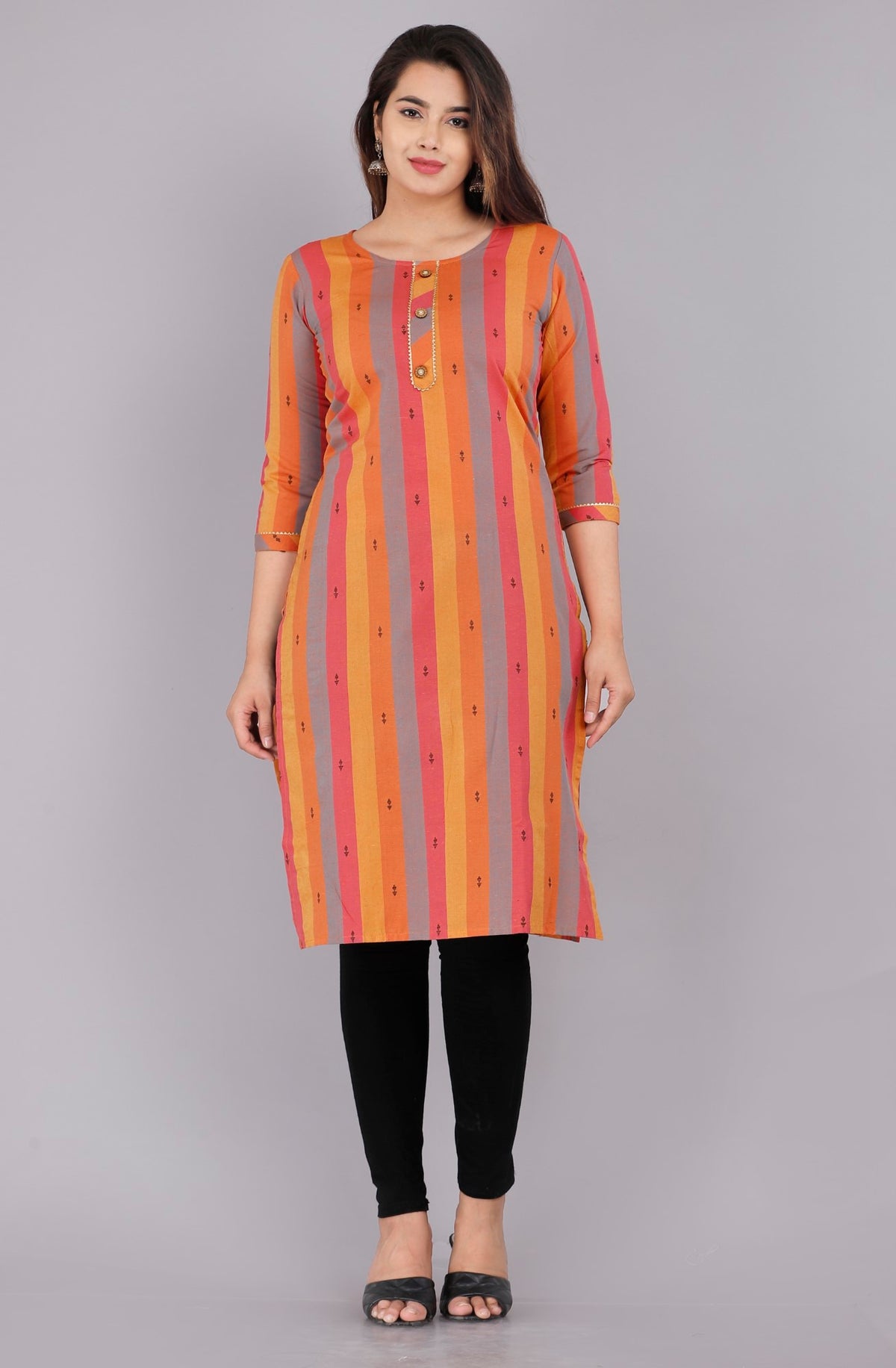 Orange Cotton Striped Print Straight Kurta-1010