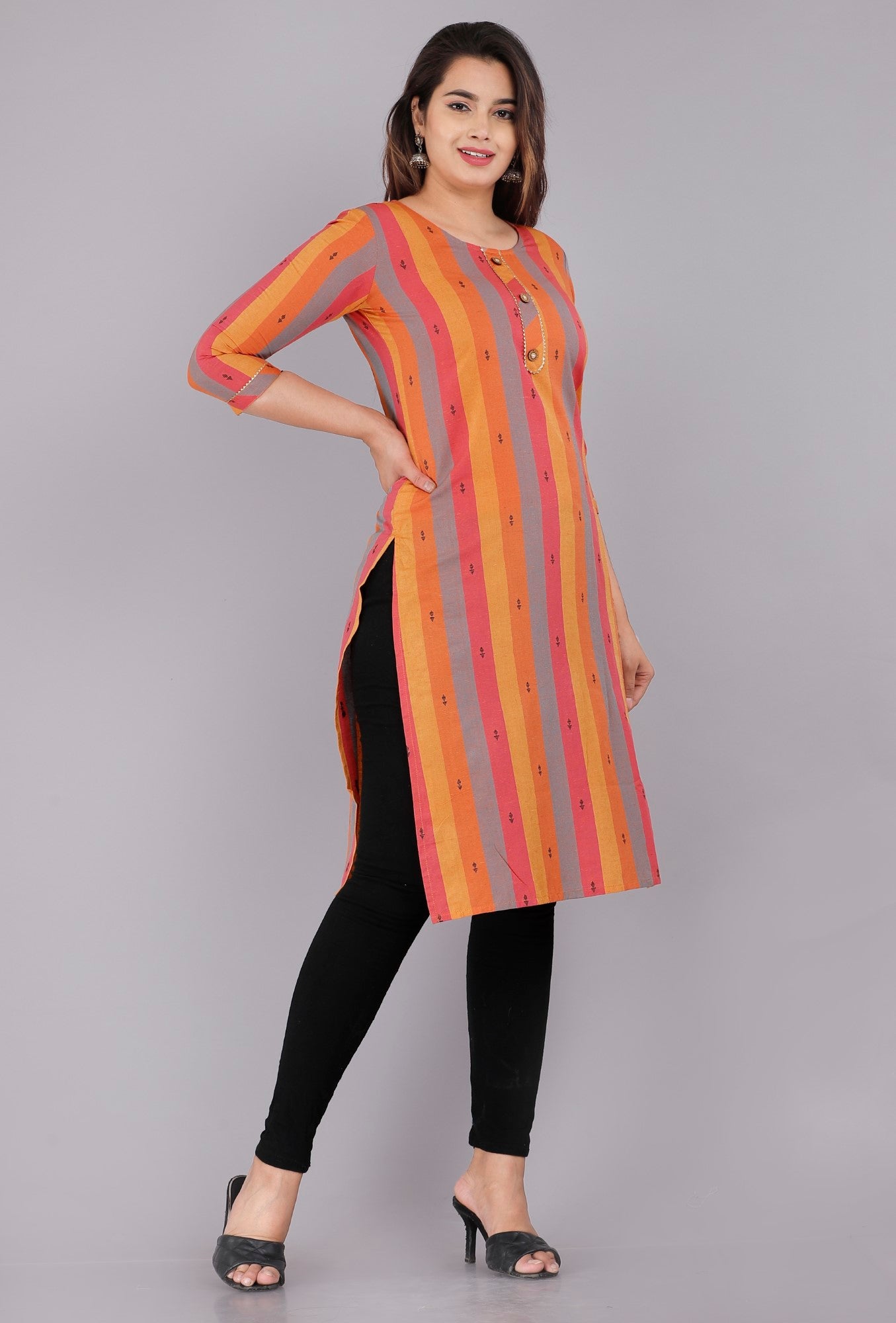 Orange Cotton Striped Print Straight Kurta-1010