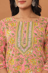 Peach Cotton Printed Embroidered Kurta Pant Set with Dupatta-1110