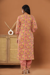 Peach Cotton Printed Embroidered Kurta Pant Set with Dupatta-1110