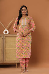 Peach Cotton Printed Embroidered Kurta Pant Set with Dupatta-1110