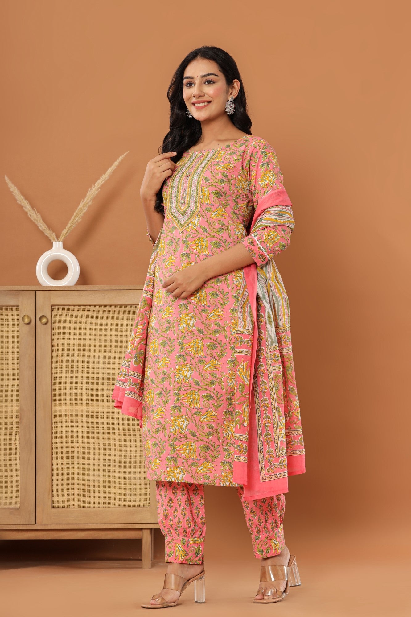 Peach Cotton Printed Embroidered Kurta Pant Set with Dupatta-1110