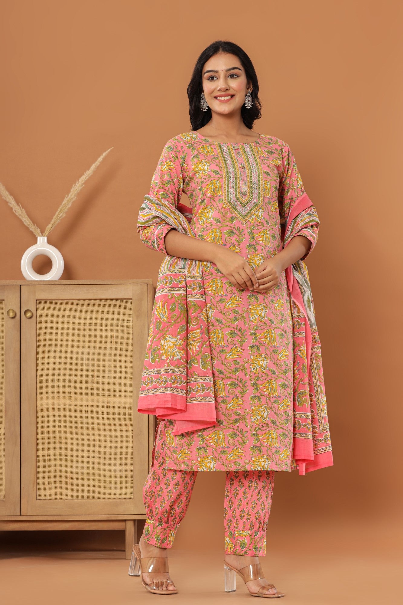 Peach Cotton Printed Embroidered Kurta Pant Set with Dupatta-1110