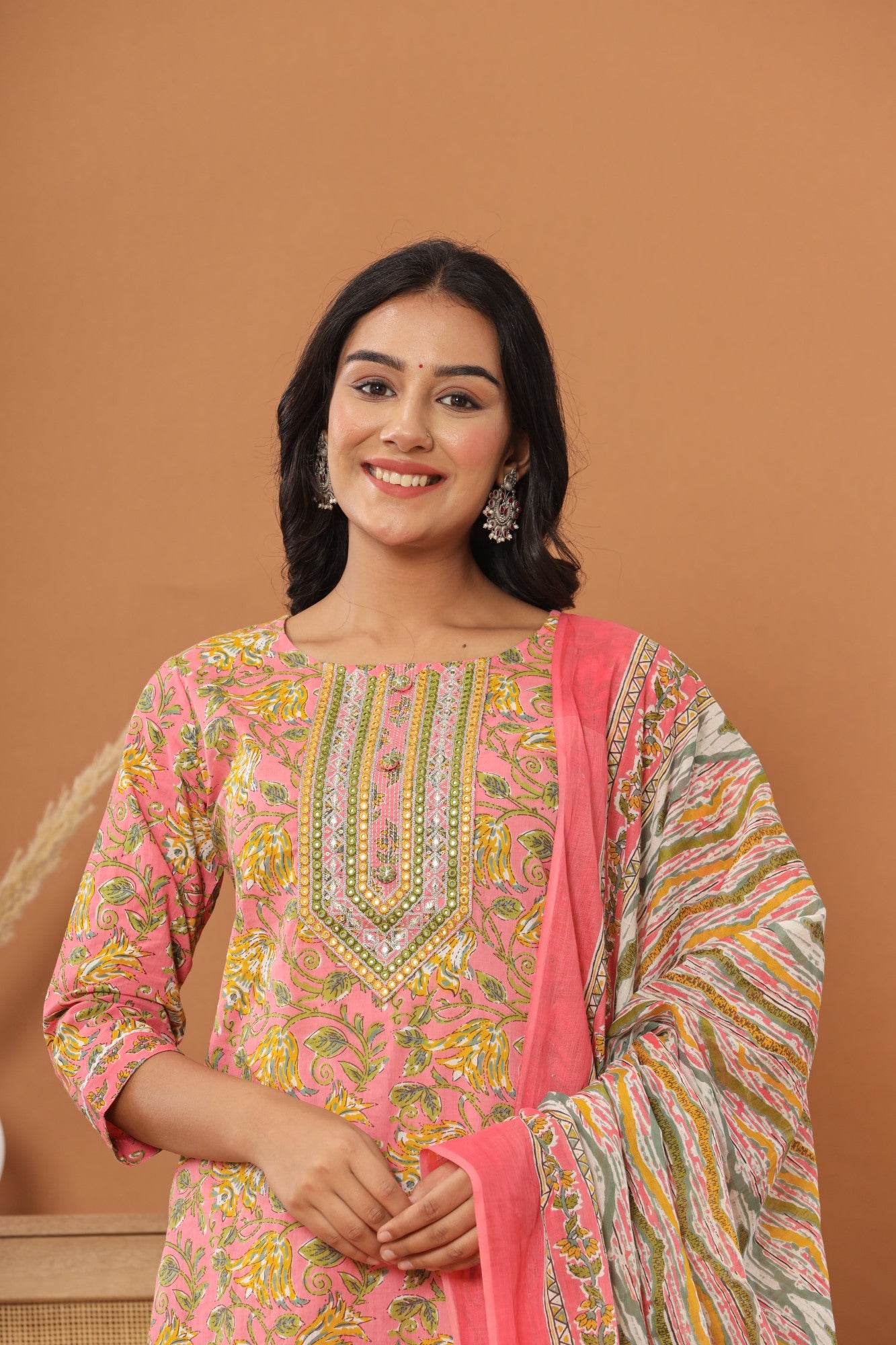 Peach Cotton Printed Embroidered Kurta Pant Set with Dupatta-1110