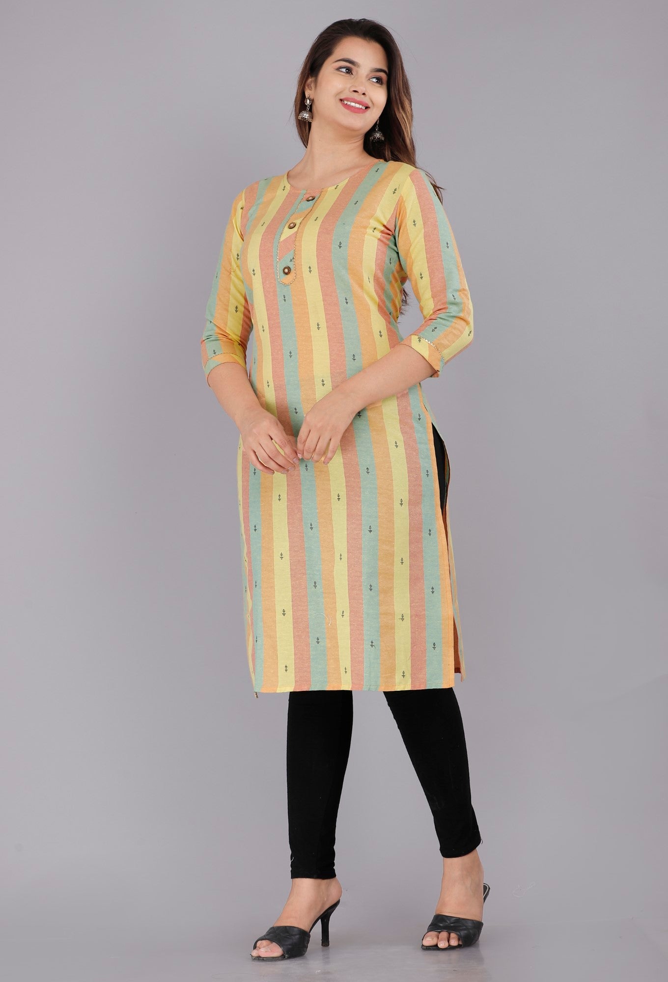 Yellow Cotton Striped Print Straight Kurta