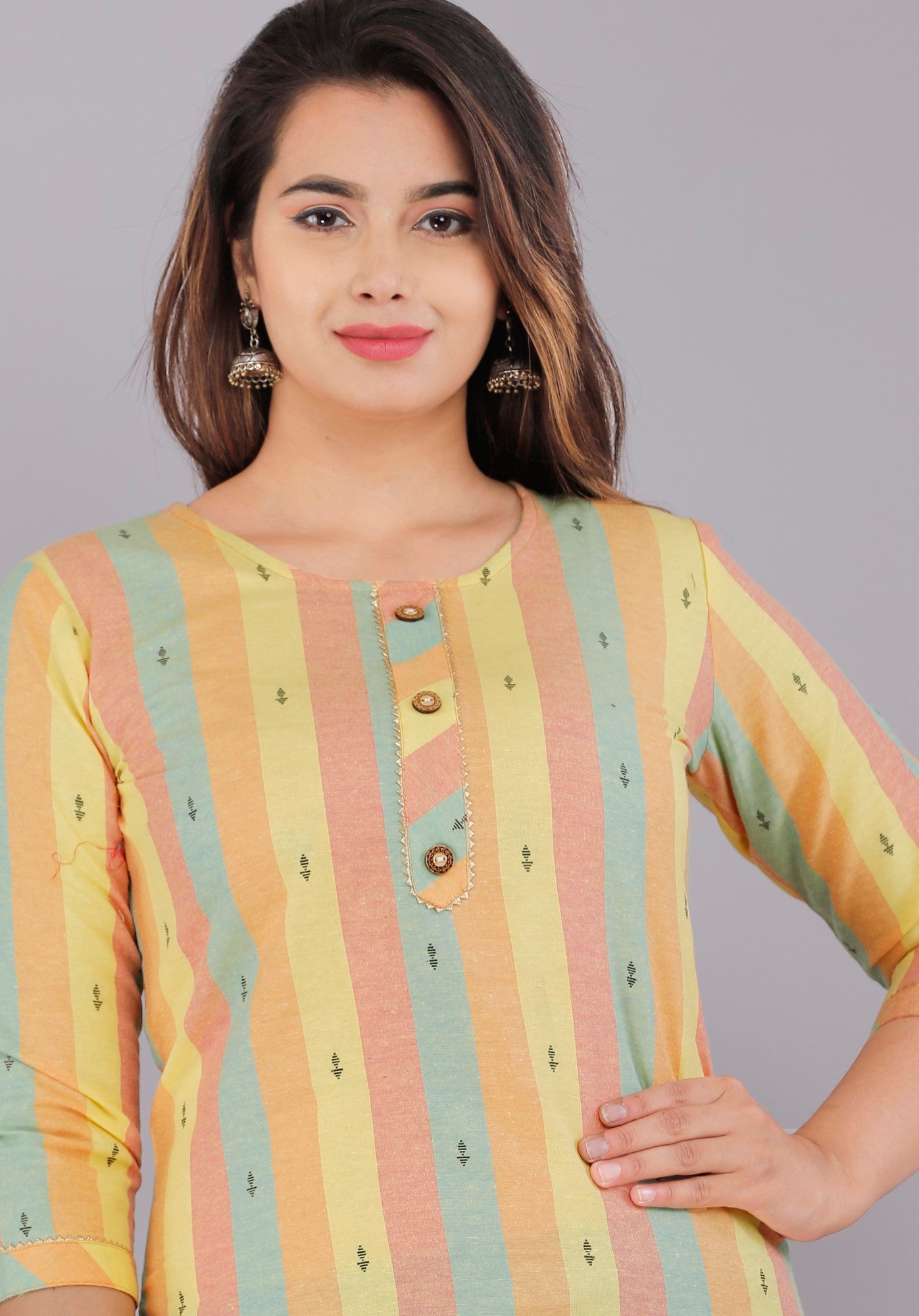 Yellow Cotton Striped Print Straight Kurta