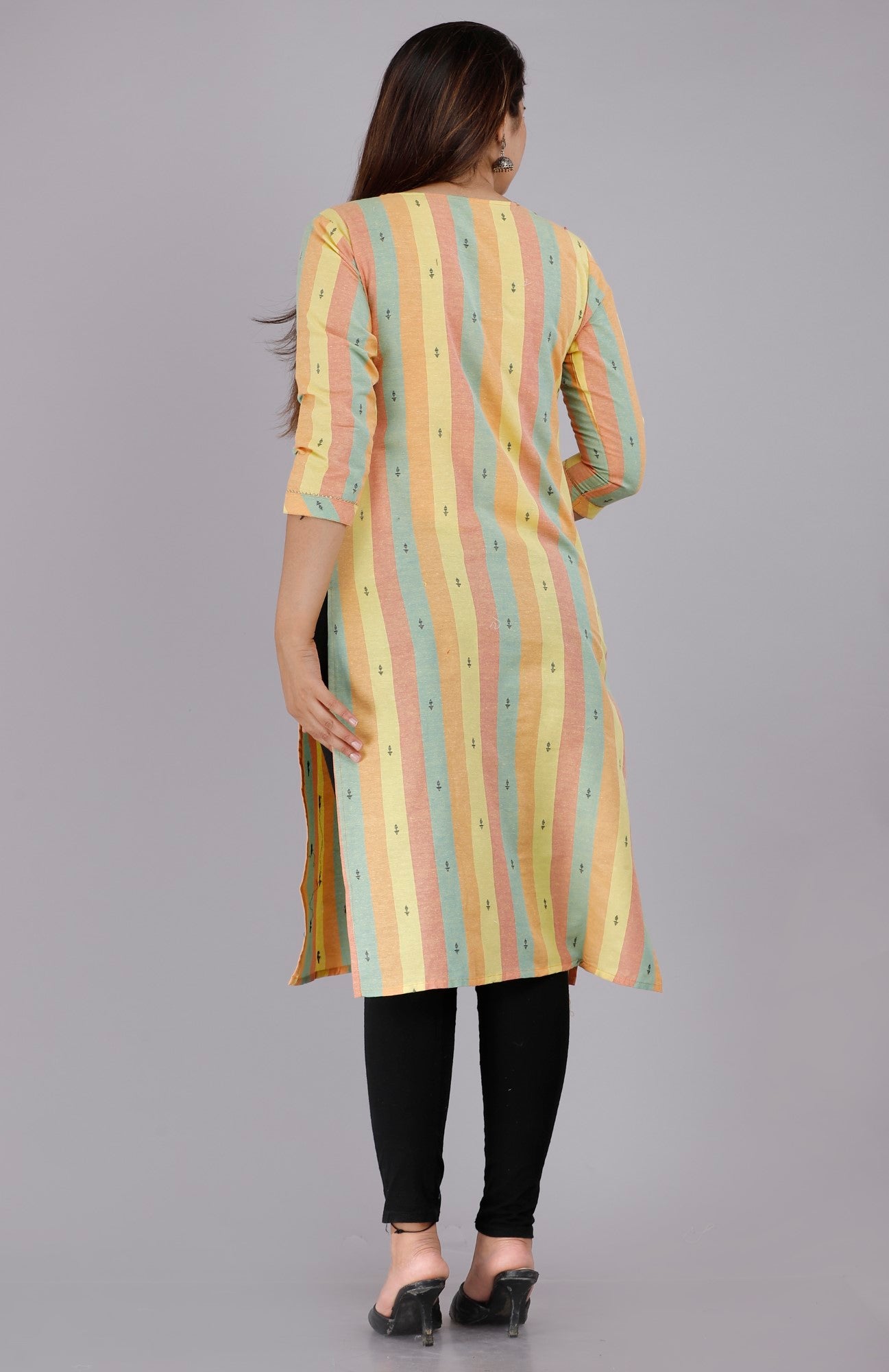 Yellow Cotton Striped Print Straight Kurta