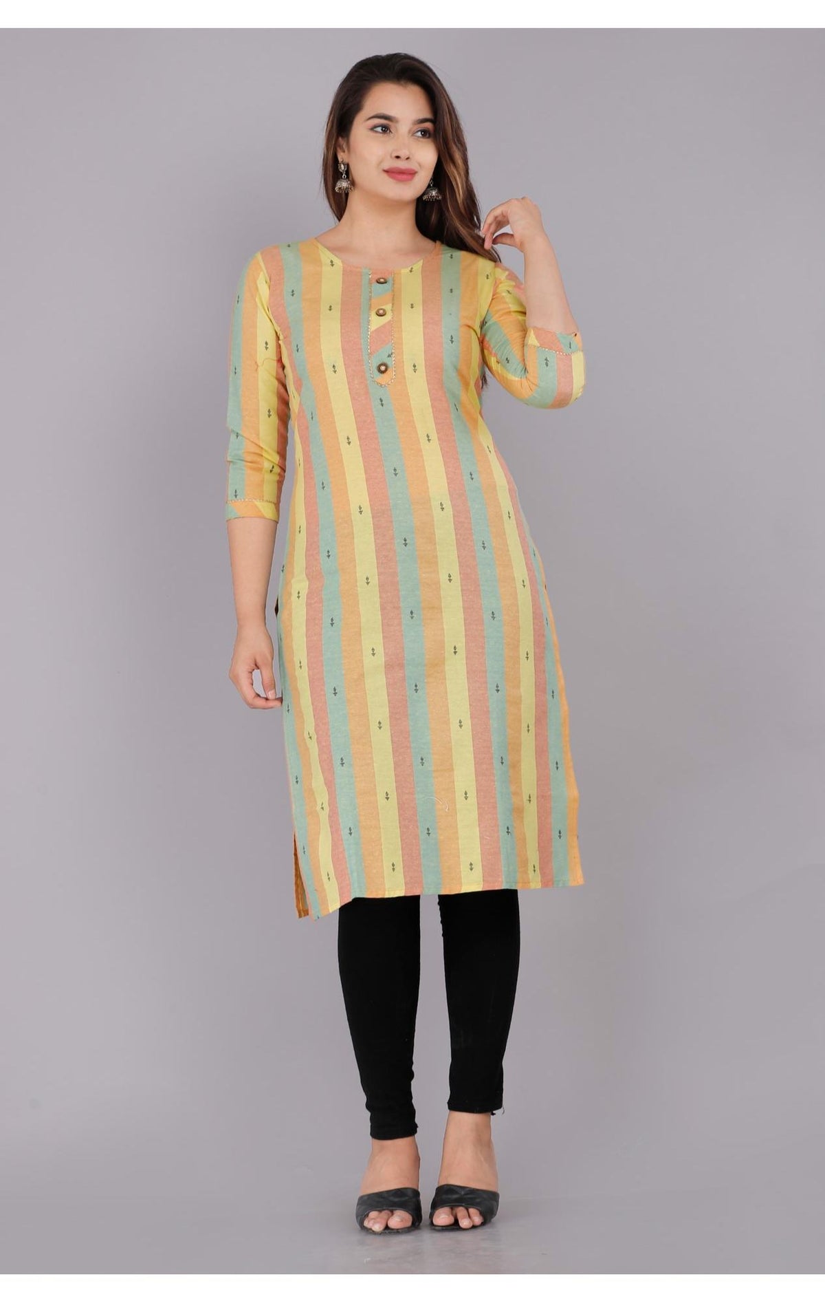 Yellow Cotton Striped Print Straight Kurta