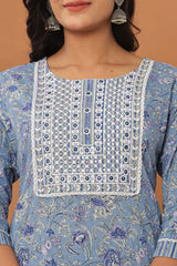 Blue Cotton Printed Embroidered Kurta Pant Set with Dupatta