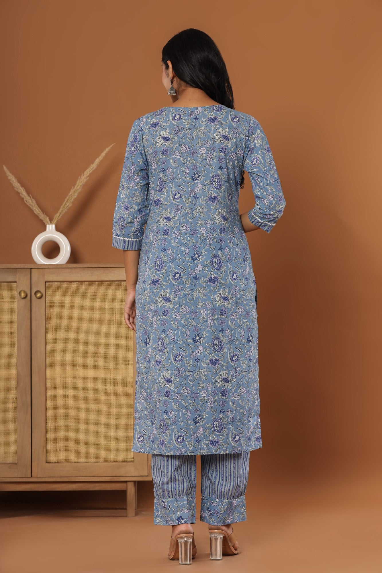 Blue Cotton Printed Embroidered Kurta Pant Set with Dupatta