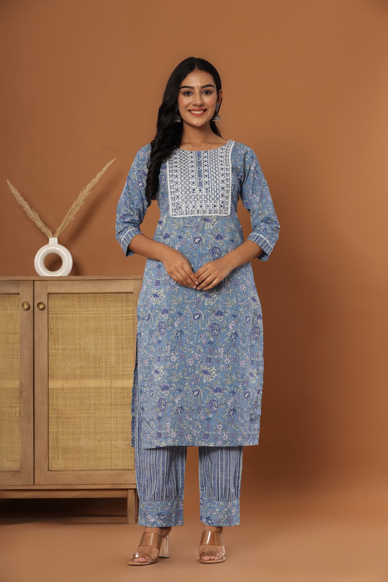 Blue Cotton Printed Embroidered Kurta Pant Set with Dupatta