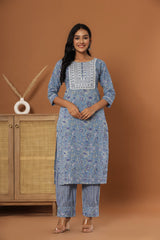 Blue Cotton Printed Embroidered Kurta Pant Set with Dupatta