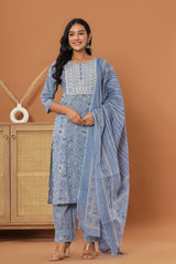 Blue Cotton Printed Embroidered Kurta Pant Set with Dupatta