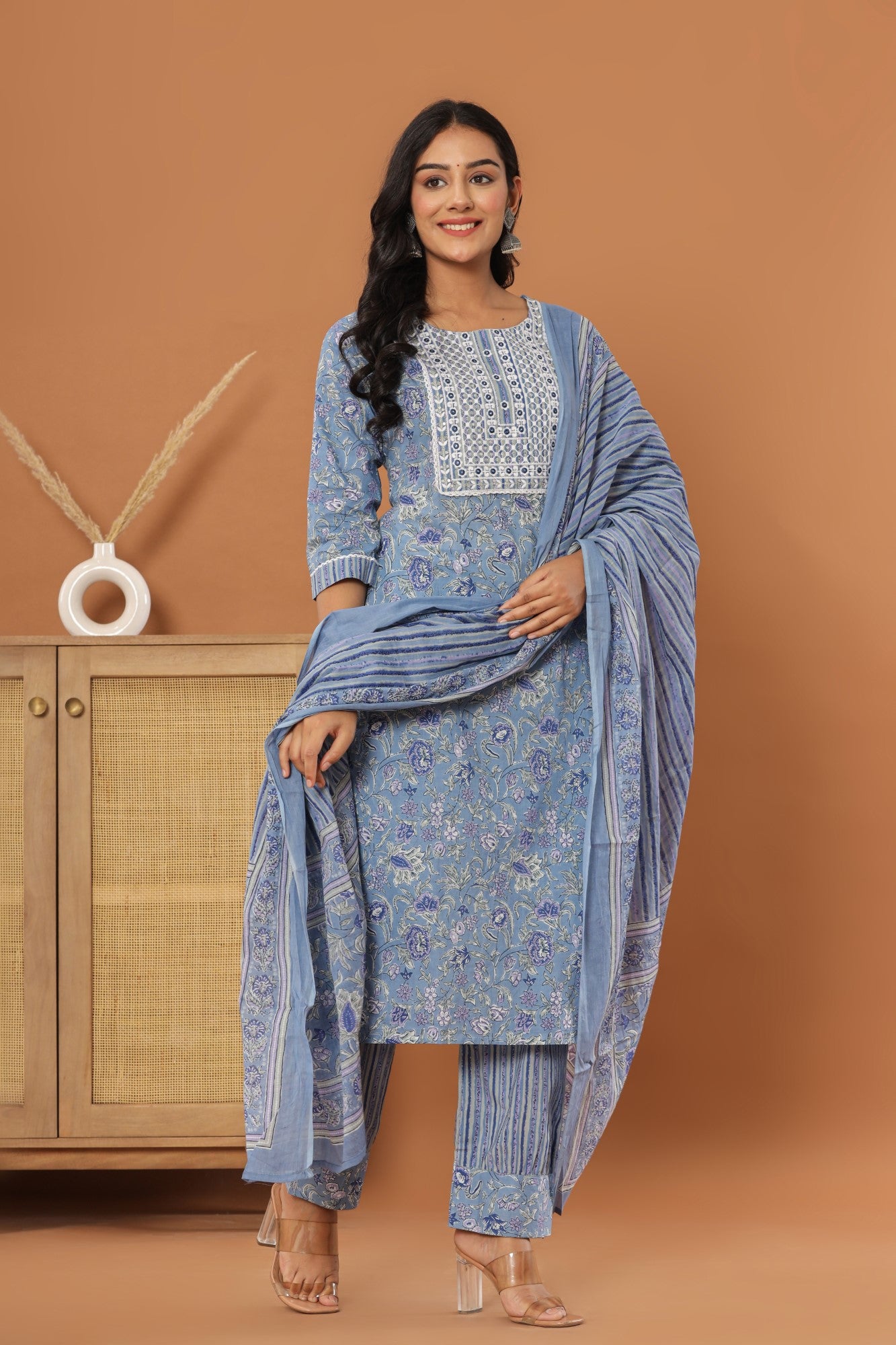 Blue Cotton Printed Embroidered Kurta Pant Set with Dupatta