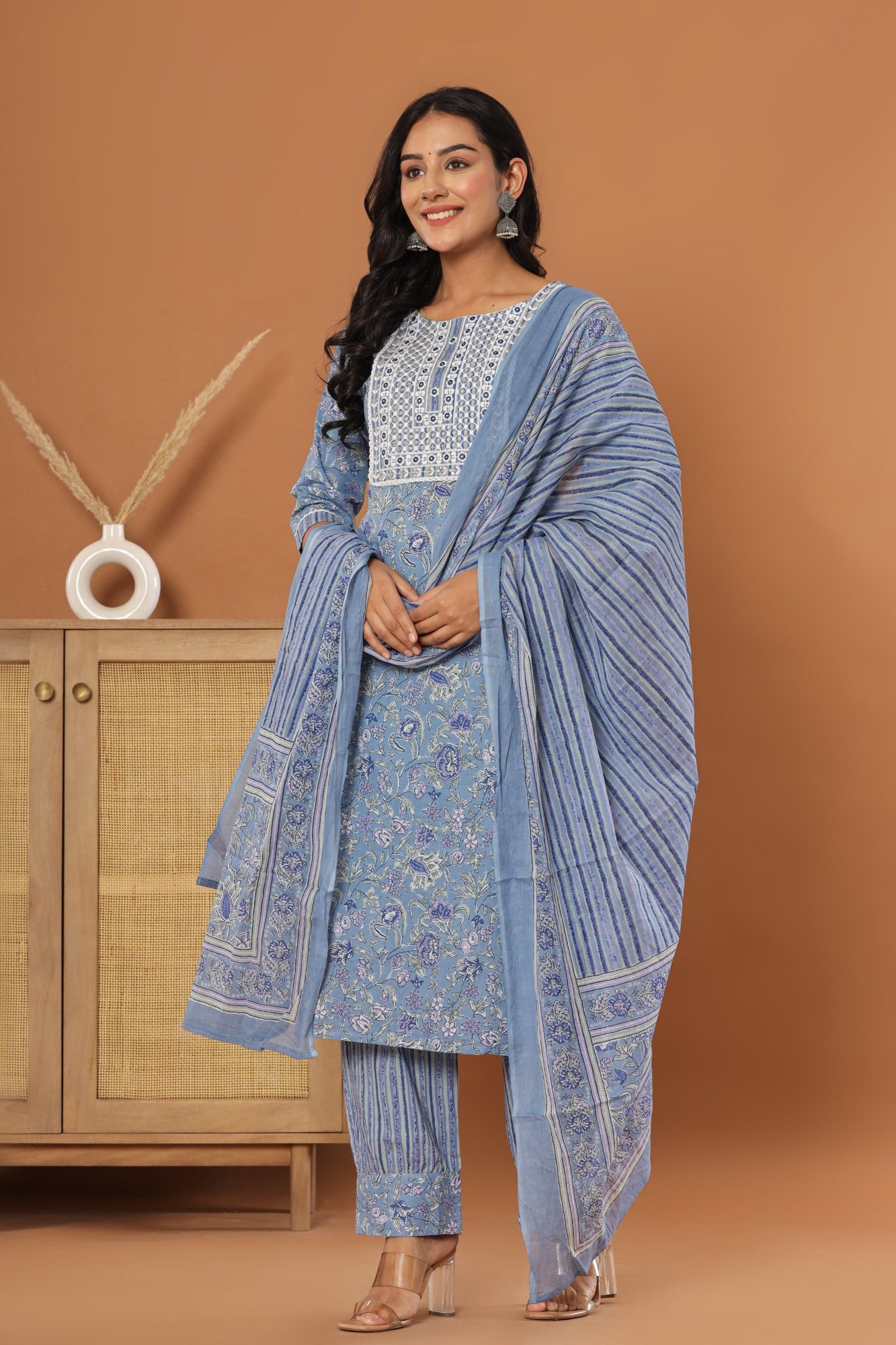 Blue Cotton Printed Embroidered Kurta Pant Set with Dupatta