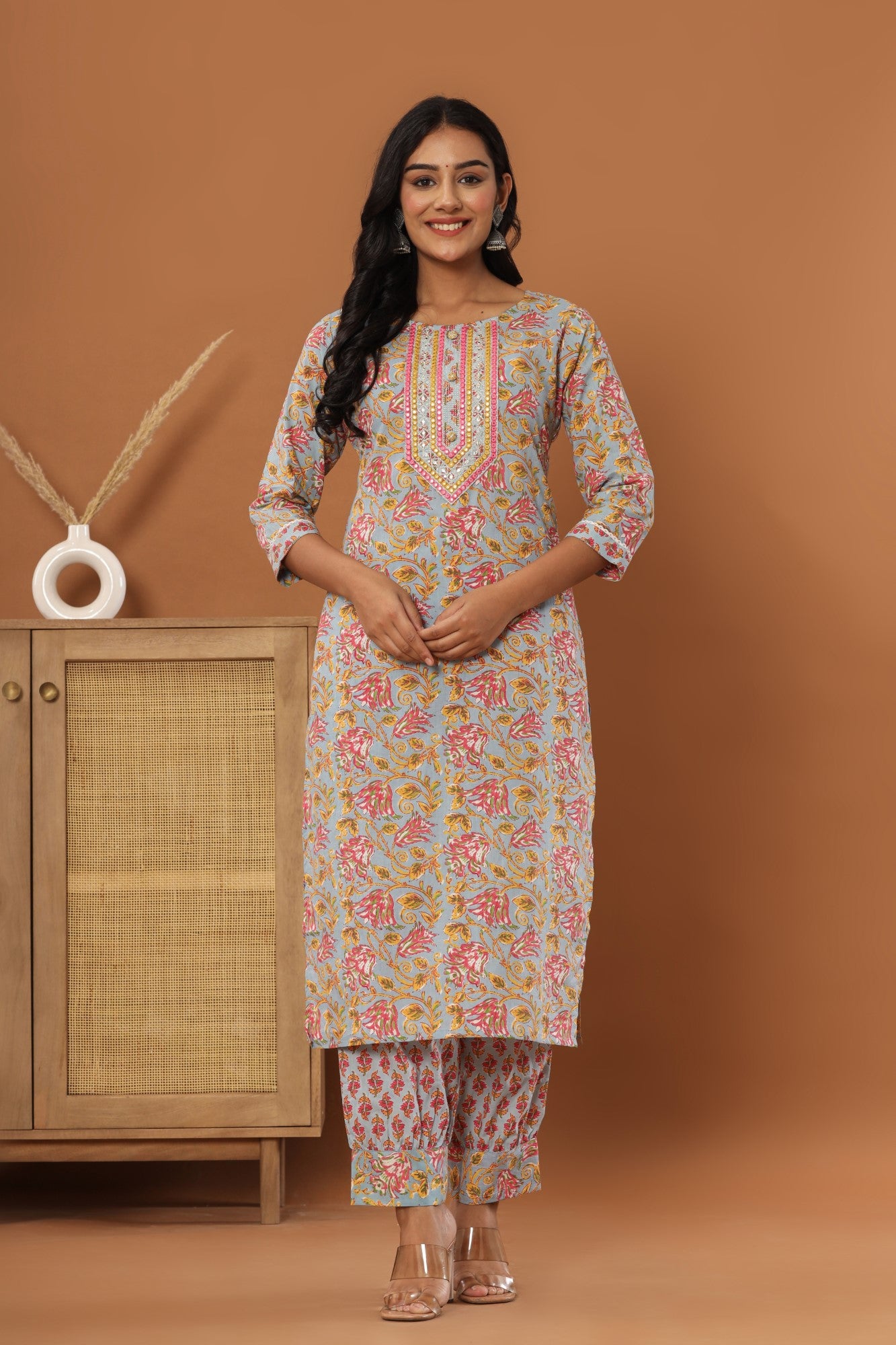 Grey Cotton Printed Embroidered Kurta Pant Set with Dupatta-1134