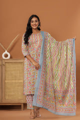 Grey Cotton Printed Embroidered Kurta Pant Set with Dupatta-1134