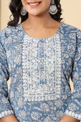 Blue Cotton Printed Embroidered Kurta Pant Set with Dupatta