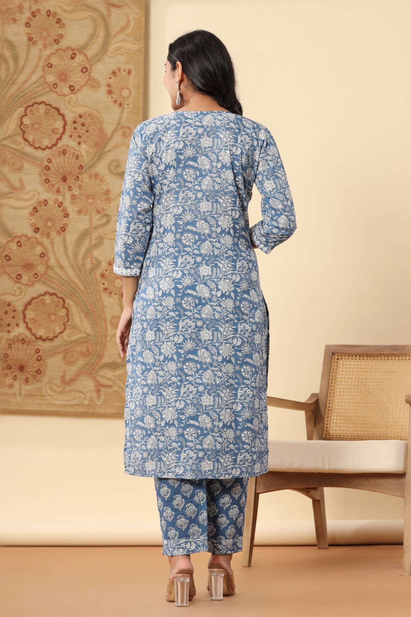 Blue Cotton Printed Embroidered Kurta Pant Set with Dupatta