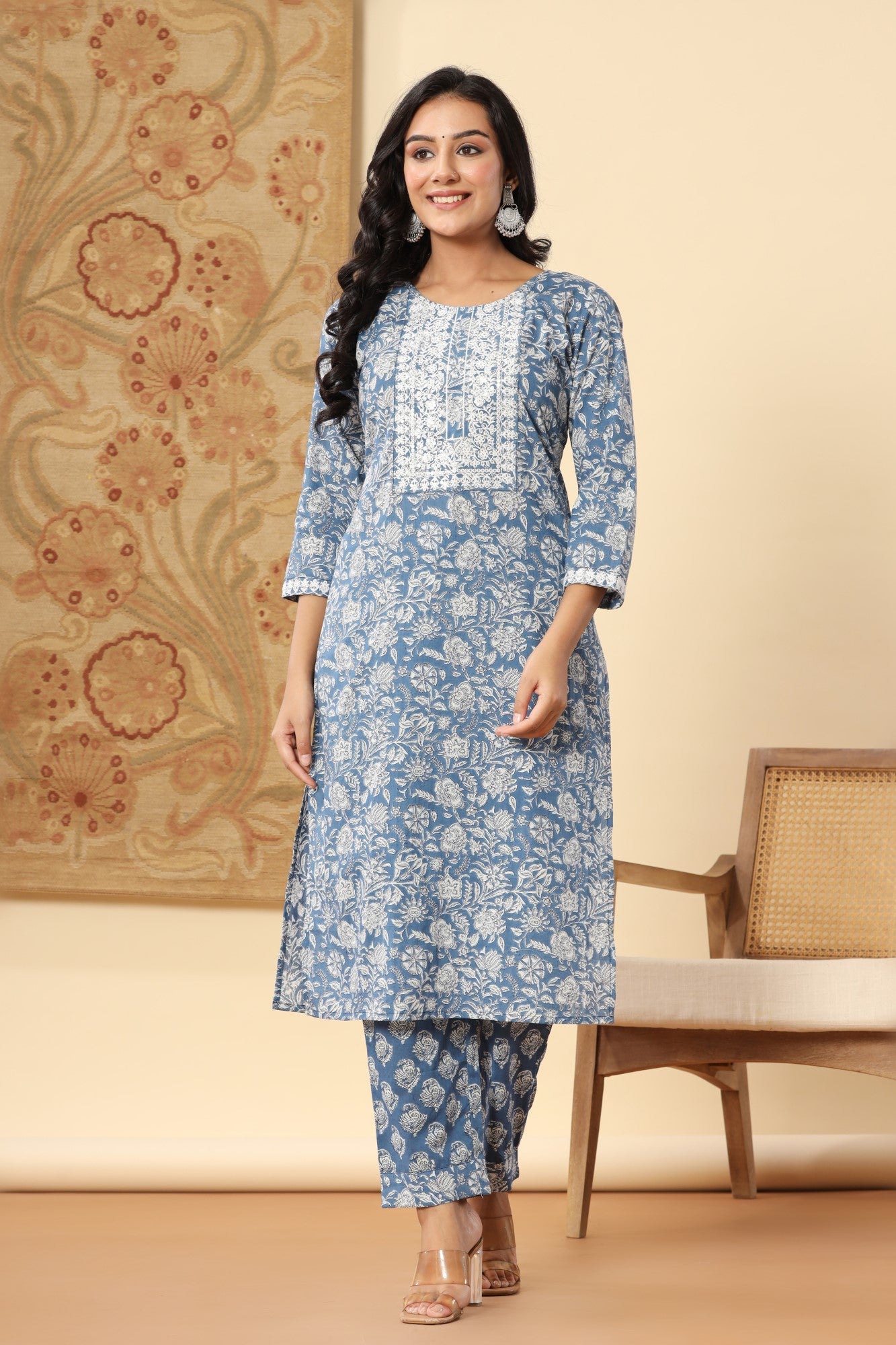 Blue Cotton Printed Embroidered Kurta Pant Set with Dupatta