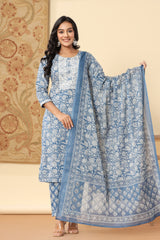 Blue Cotton Printed Embroidered Kurta Pant Set with Dupatta