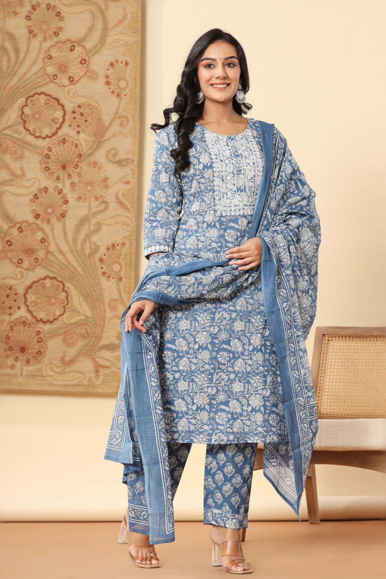 Blue Cotton Printed Embroidered Kurta Pant Set with Dupatta