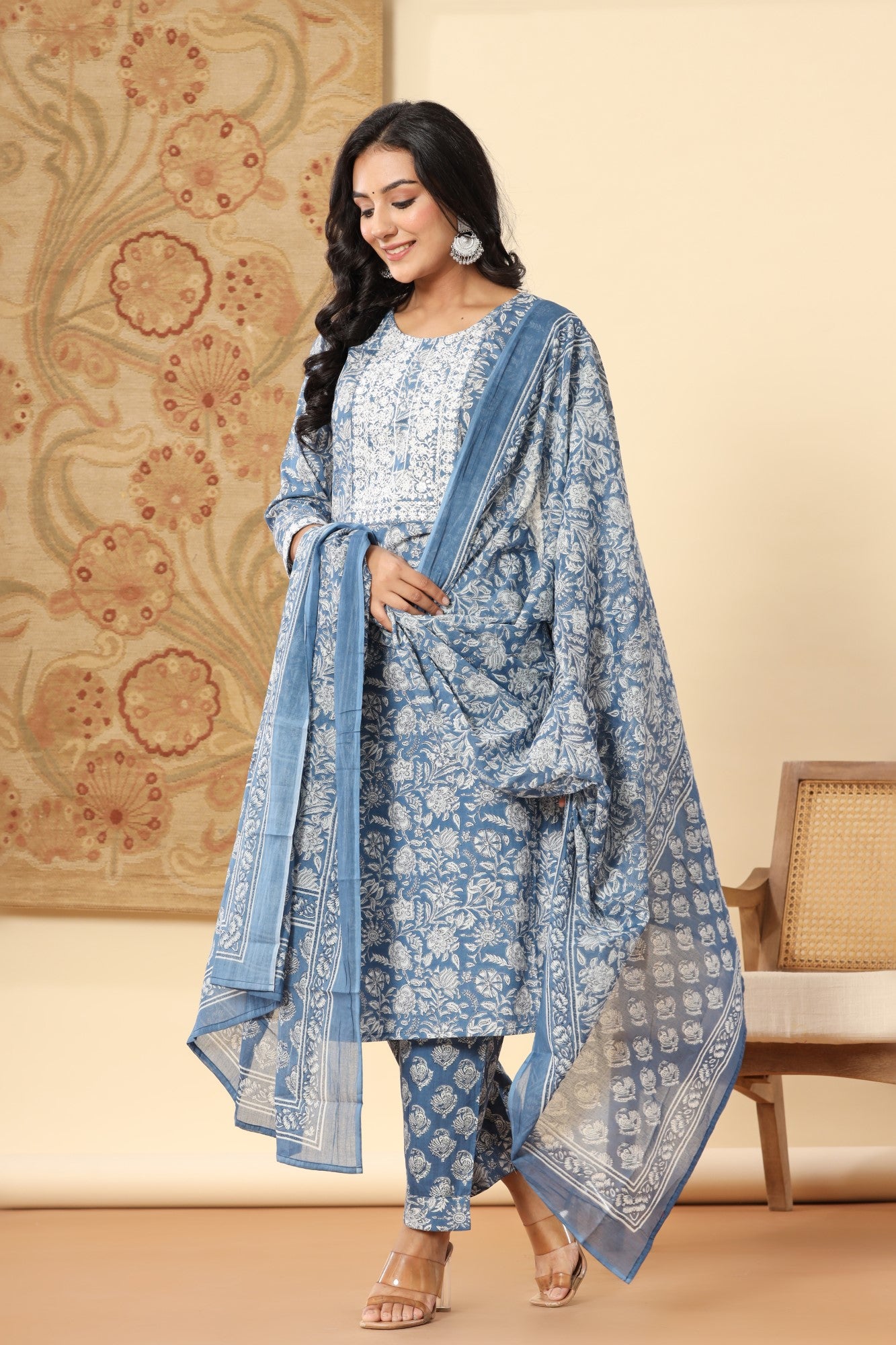 Blue Cotton Printed Embroidered Kurta Pant Set with Dupatta