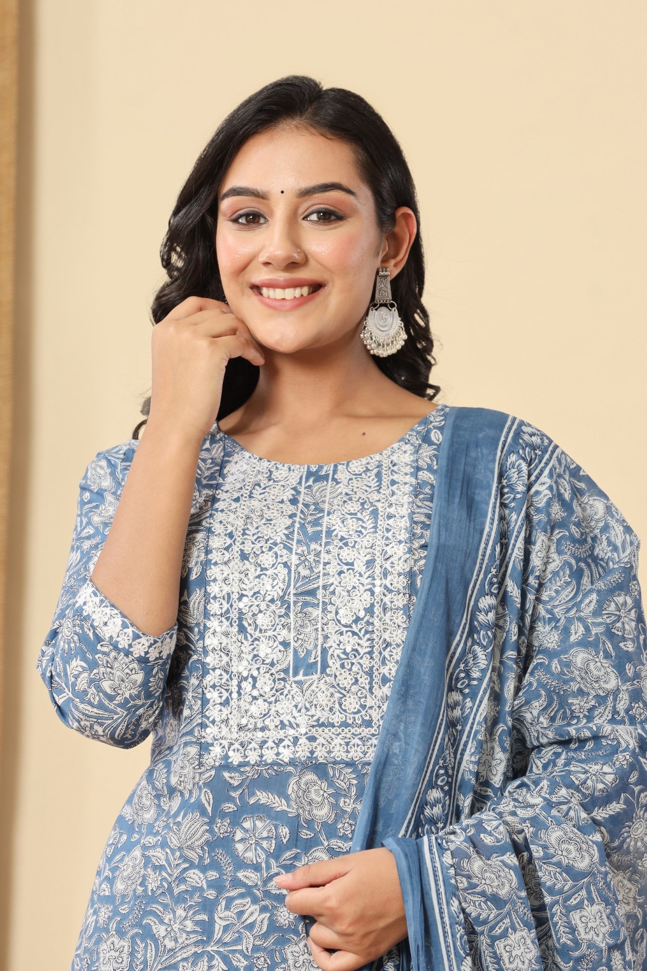 Blue Cotton Printed Embroidered Kurta Pant Set with Dupatta