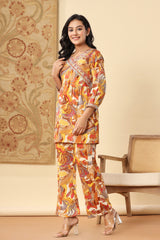 Orange  Muslin Digital Print With Manual Adda Work Co-ord Set-1105