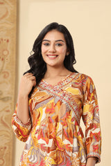 Orange  Muslin Digital Print With Manual Adda Work Co-ord Set-1105