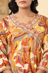 Orange  Muslin Digital Print With Manual Adda Work Co-ord Set-1105