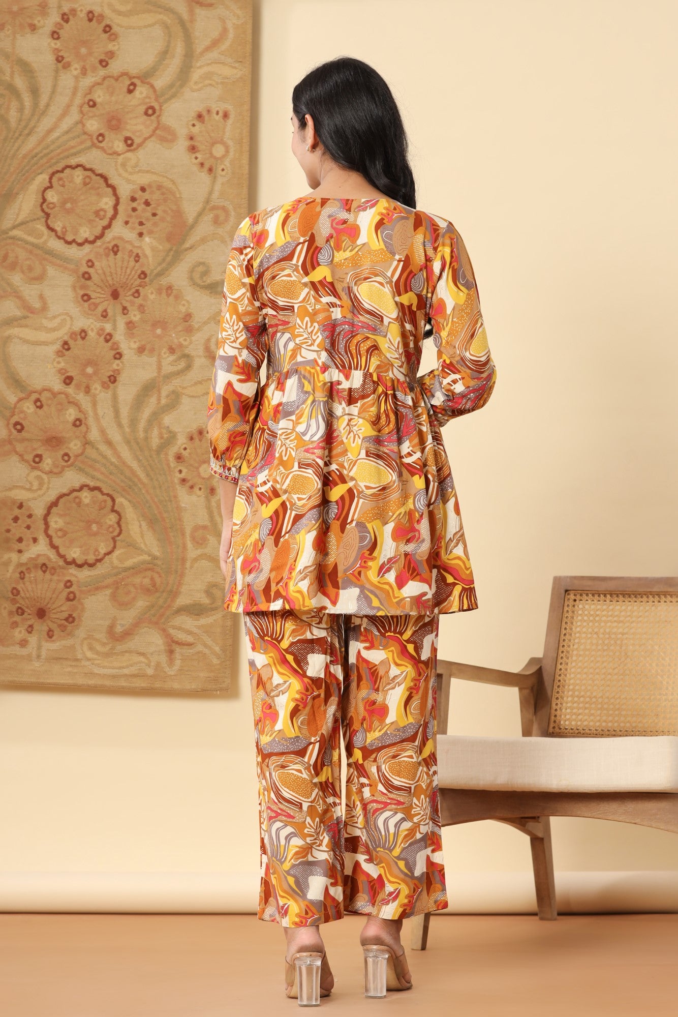 Orange  Muslin Digital Print With Manual Adda Work Co-ord Set-1105