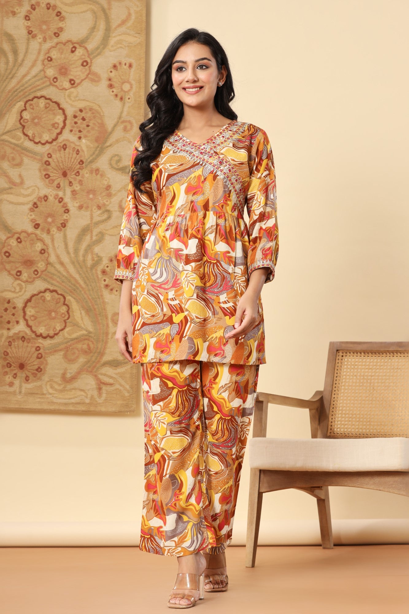 Orange  Muslin Digital Print With Manual Adda Work Co-ord Set-1105