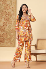 Orange  Muslin Digital Print With Manual Adda Work Co-ord Set-1105