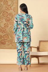 Blue Muslin Digital Print With Manual Adda Work Co-ord Set-1105