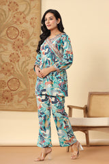 Blue Muslin Digital Print With Manual Adda Work Co-ord Set-1105