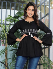 Black Cotton Blend Solid Print Top-1100